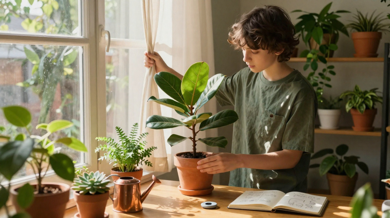 Menino cuidando de planta em vaso sobre mesa perto de janela com várias plantas e livro aberto.