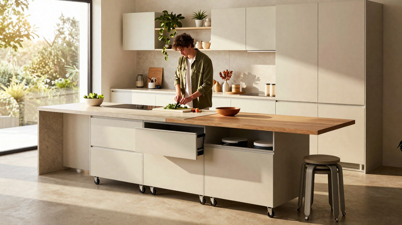 Pessoa cortando legumes em cozinha moderna com bancada grande e armários claros, iluminada pela luz natural.