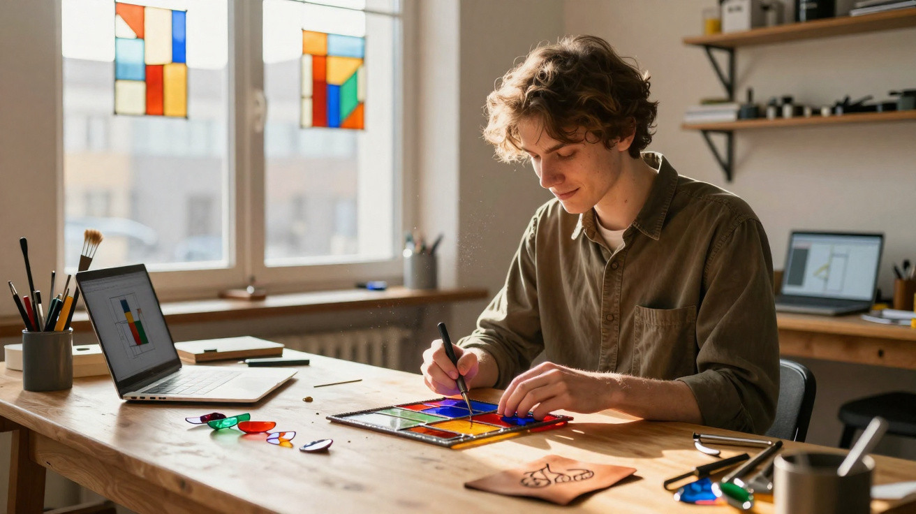 Jovem pintando vitral colorido sentado à mesa de madeira em ambiente iluminado por janela.