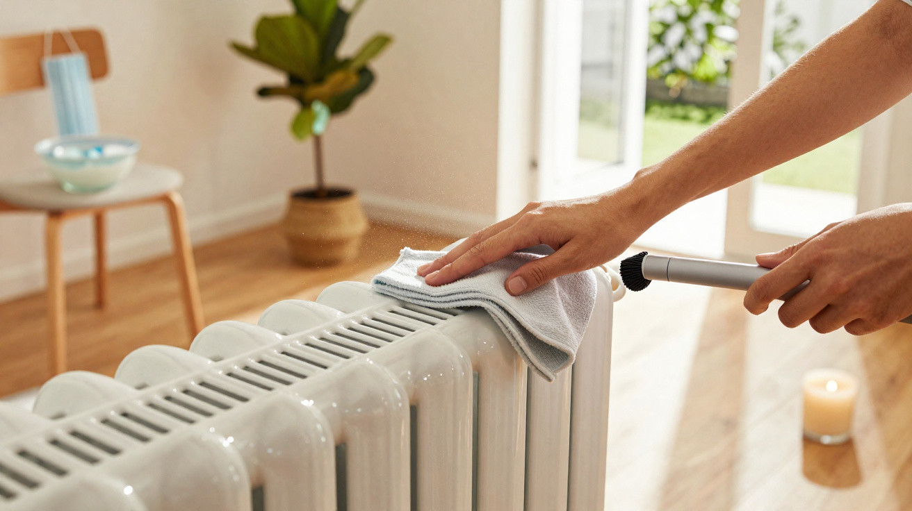 Mãos limpando com pano branco um radiador branco em ambiente com luz natural e planta ao fundo.