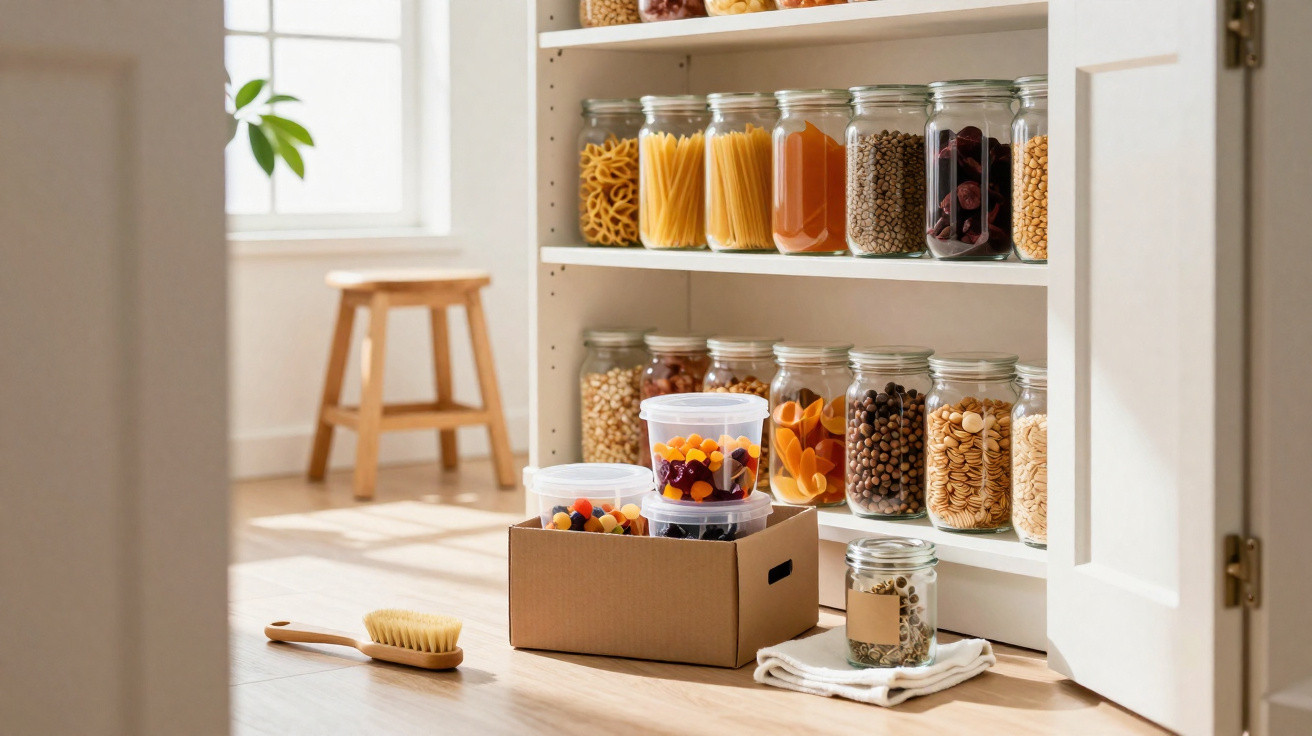 Despensa organizada com potes de vidro contendo grãos, massas e alimentos secos, caixas plásticas e escova no chão.