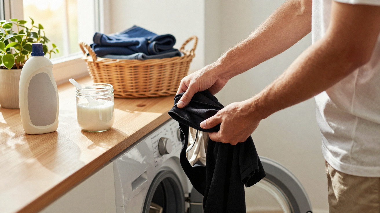 Pessoa colocando roupa preta na máquina de lavar ao lado de cesta com roupas dobradas e produtos de lavanderia.