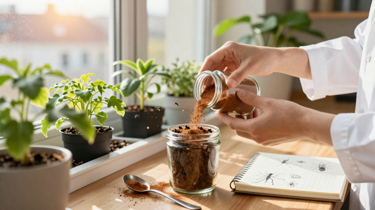 Pessoa colocando pó em pote com formigas em ambiente interno iluminado próximo a plantas e caderno de desenhos.