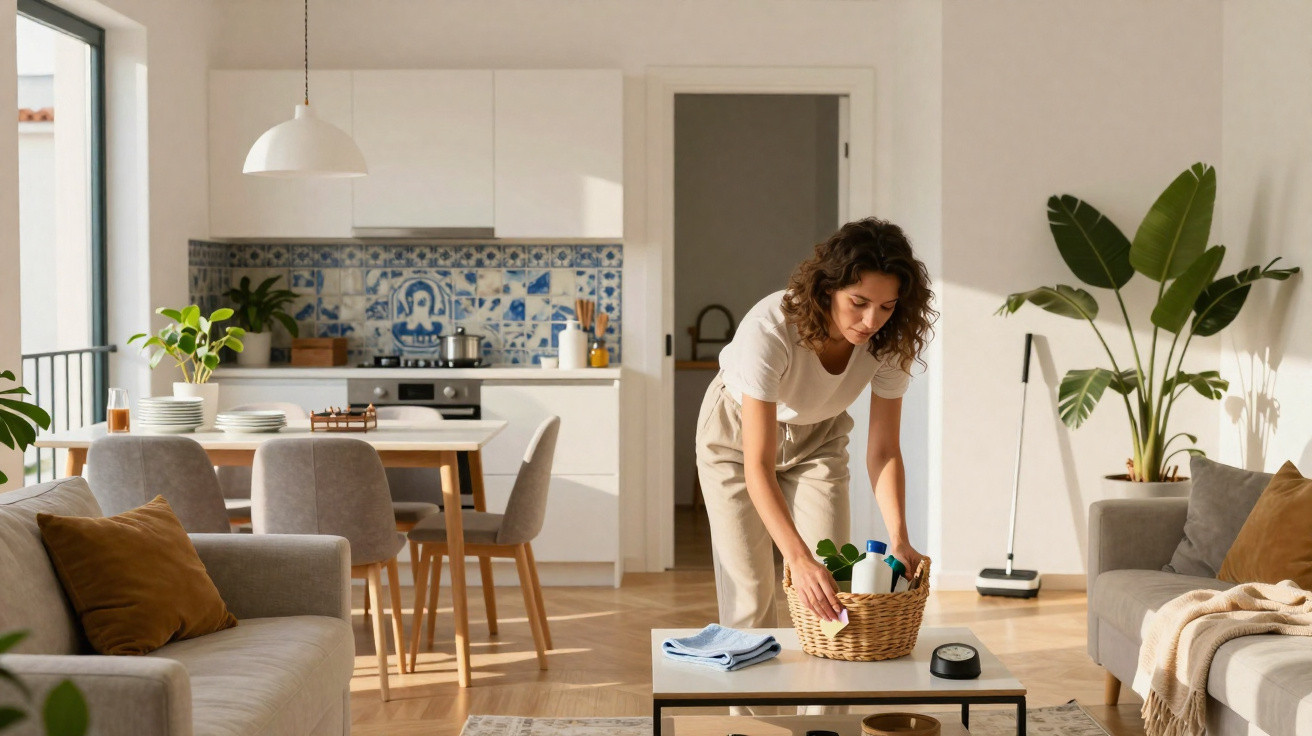 Mulher arrumando cesta na sala de estar clara com decoração moderna e plantas naturais.