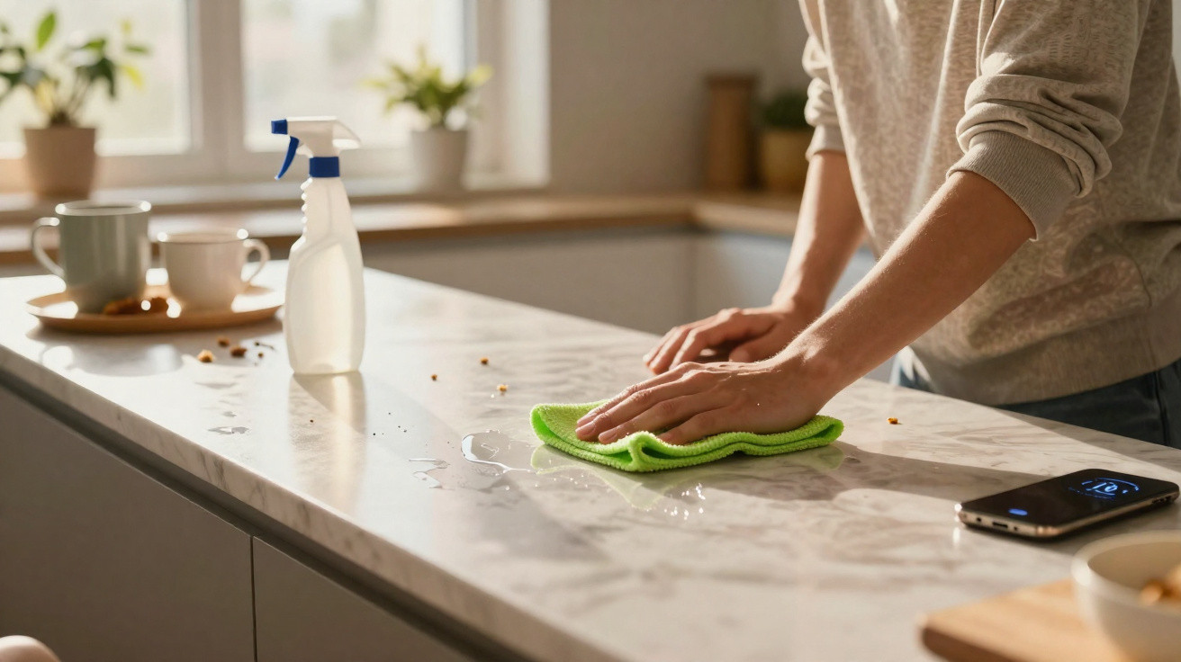 Pessoa limpando bancada de cozinha com pano verde, spray de limpeza e celular ao lado.