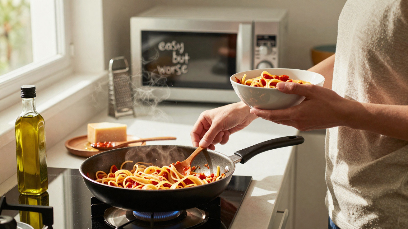 Pessoa servindo macarrão com molho vermelho de frigideira para tigela em cozinha iluminada por janela.