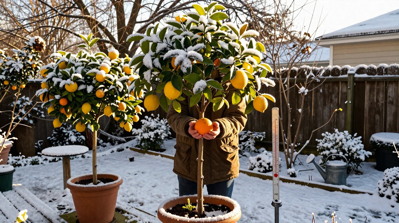 Pessoa segurando árvore de limão coberta de neve em jardim coberto de neve no inverno.