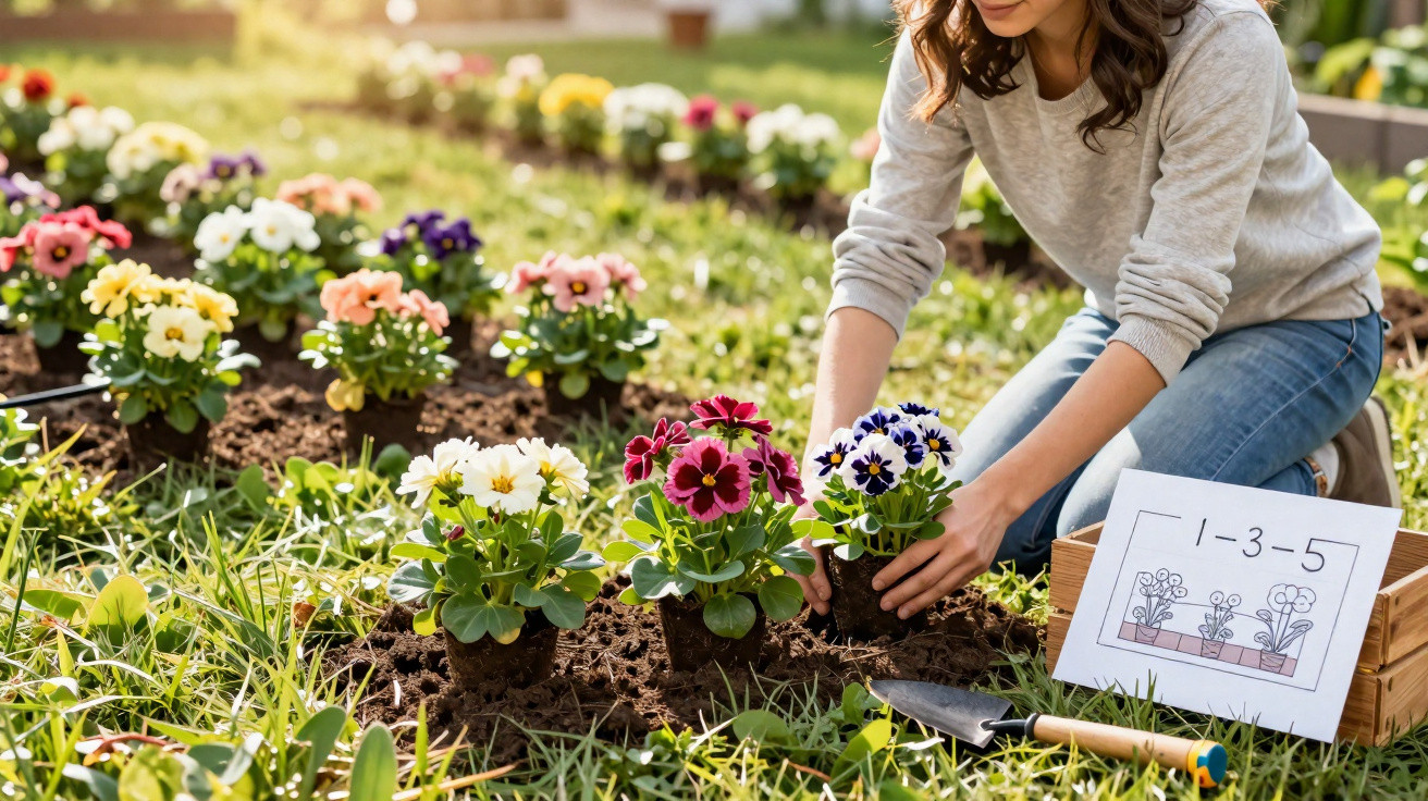 Pessoa plantando flores coloridas em jardim com guia desenhada e ferramentas ao redor.