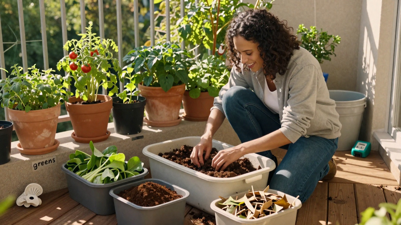 Mulher cuidando de plantas em vasos e jardineiras no chão de varanda ensolarada.