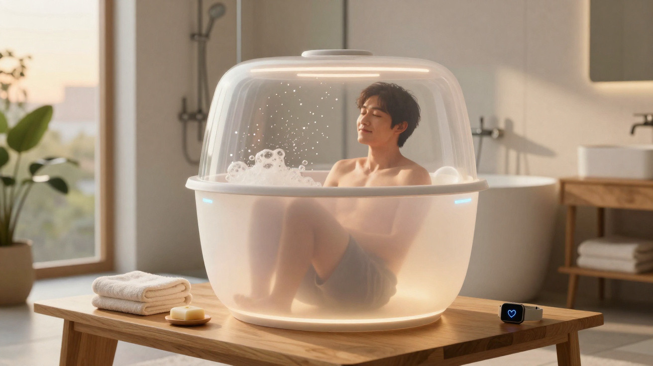 Homem relaxando em banheira transparente com espuma, dentro de ambiente moderno e iluminado.