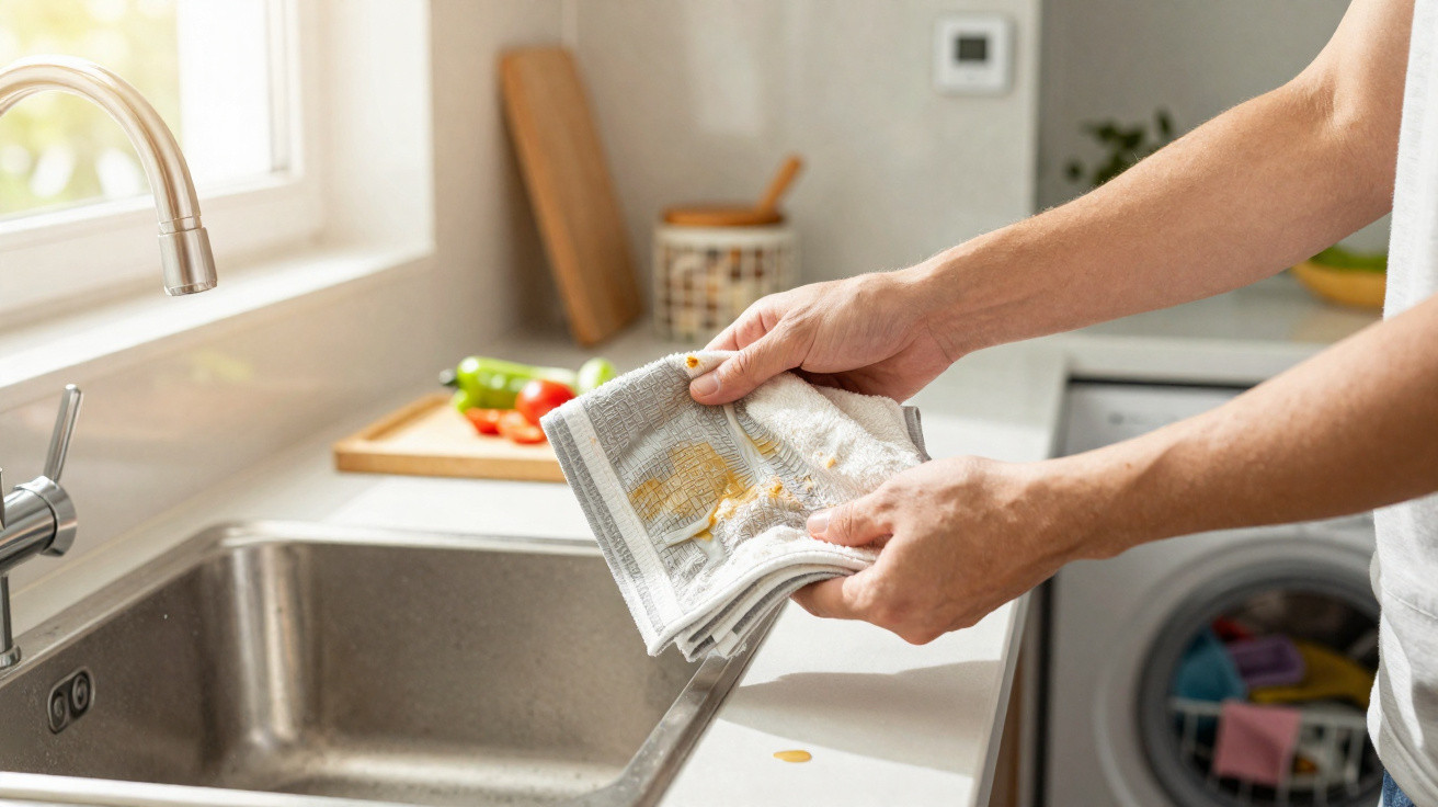 Pessoa secando pano de prato sujo com resíduos na pia de cozinha clara.