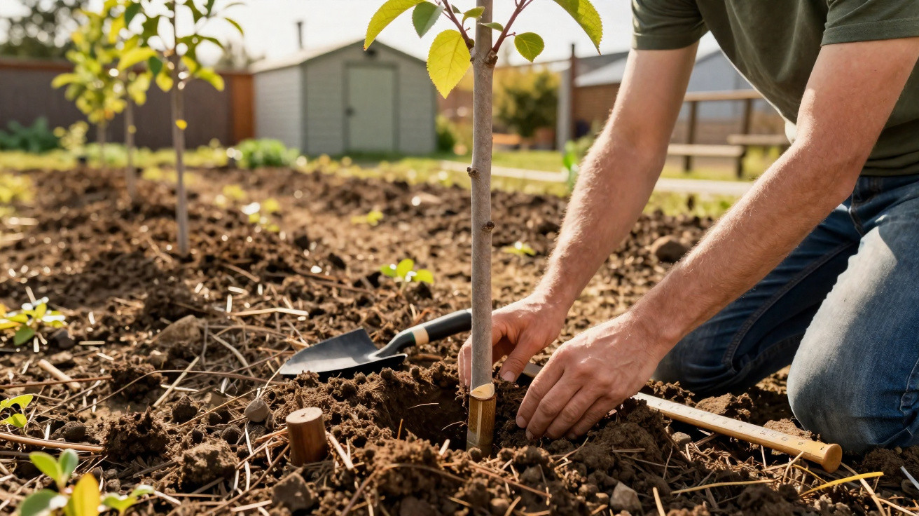 Pessoa planta jovem árvore em jardim com ferramenta, focando nas mãos e no tronco da planta.