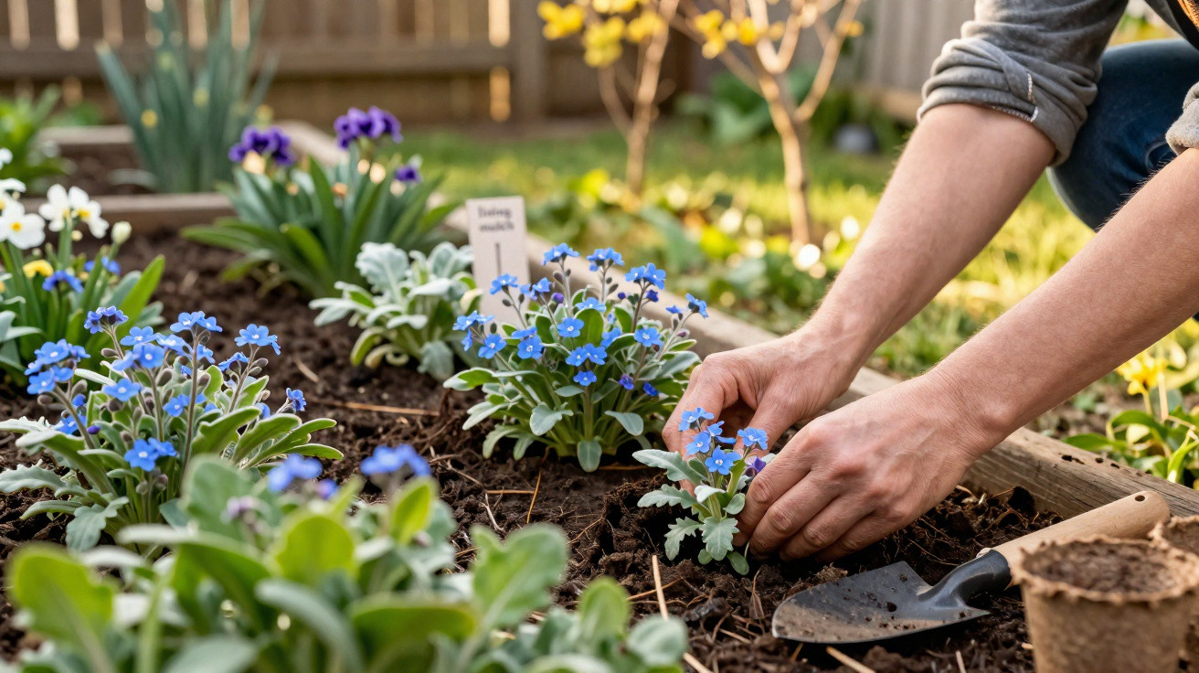 Mãos plantando flores azuis em canteiro de jardim com solo preparado e ferramentas de jardinagem.