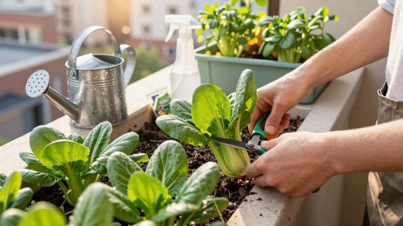 Pessoa colhendo verduras em canteiro de plantas com regador e pulverizador ao fundo.