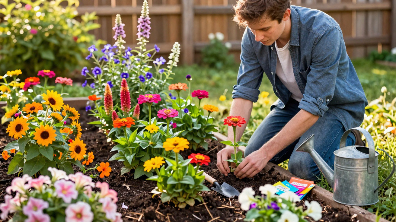 Homem plantando flores coloridas em jardim com regador e pacote de sementes ao lado.