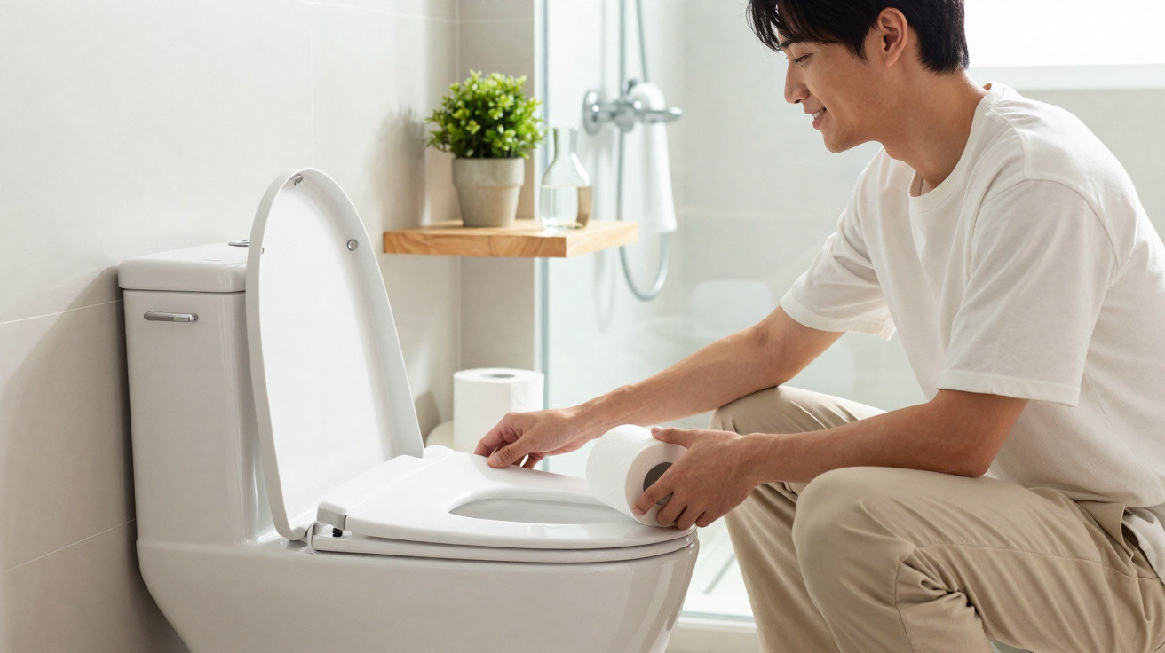 Homem sorridente colocando papel higiênico na tampa de um vaso sanitário em banheiro moderno.