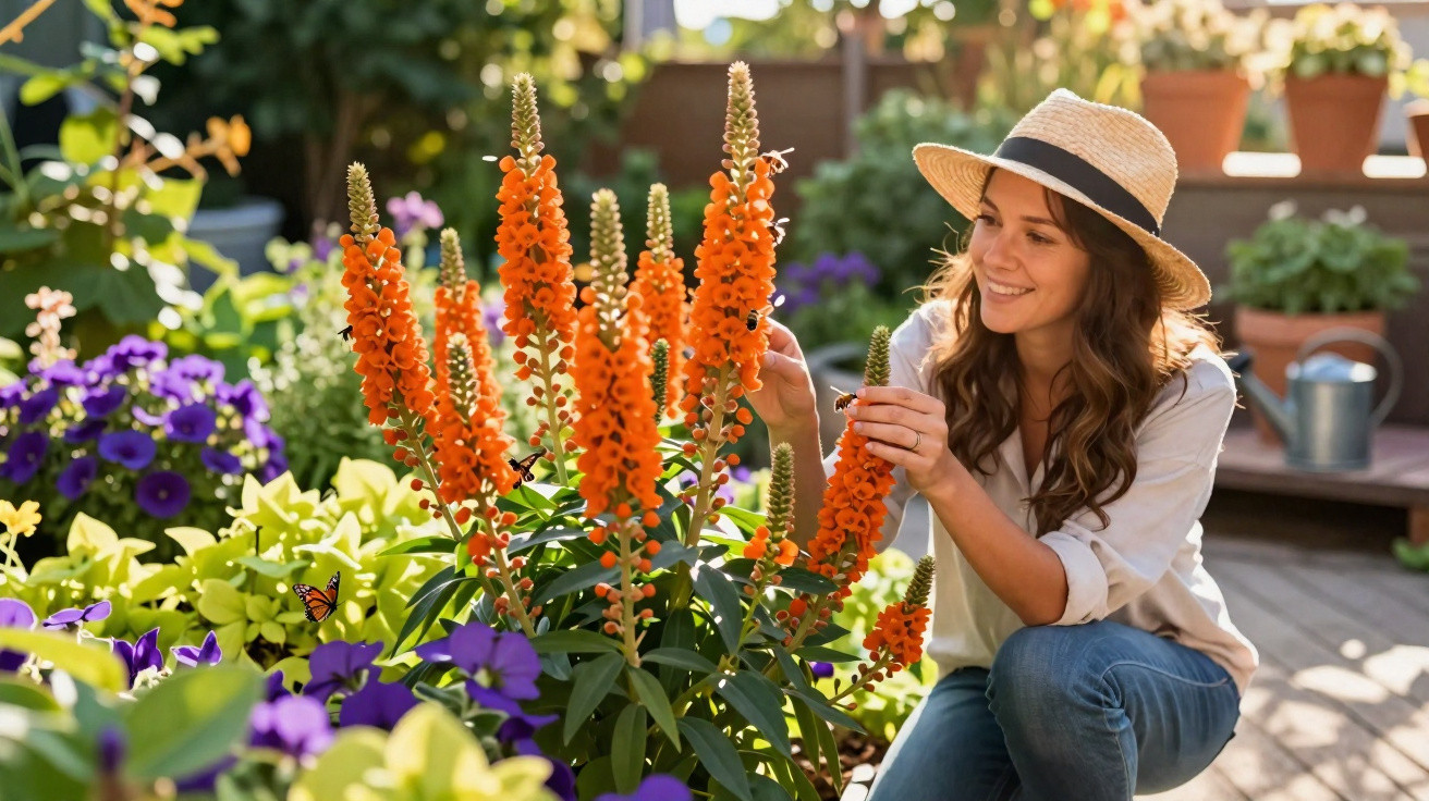 Mulher com chapéu cuidando de flores laranja em jardim ensolarado com plantas e borboleta.