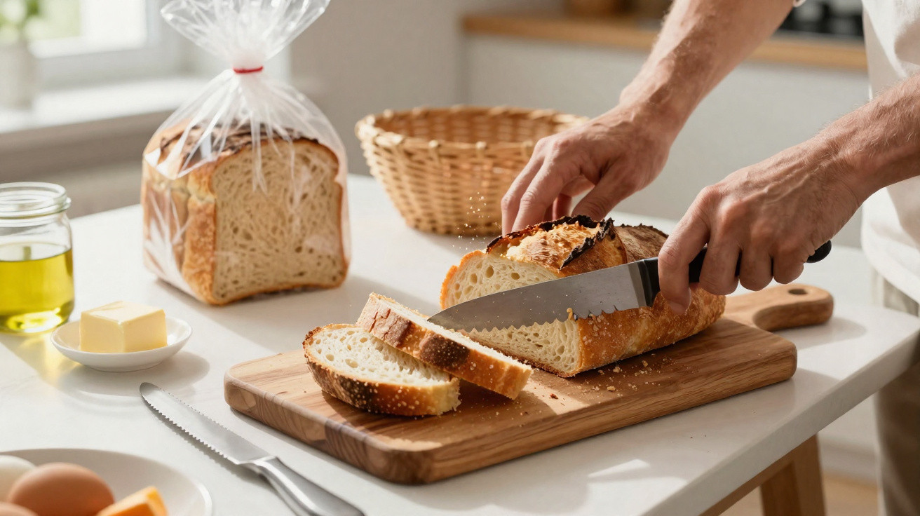 Pessoa cortando pão branco em tábua de madeira numa cozinha com pão de forma, manteiga e azeite na bancada.