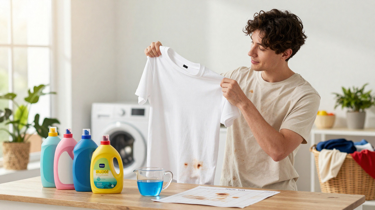 Jovem olhando para camiseta branca com manchas, segurando-a na lavanderia com produtos de limpeza na mesa.