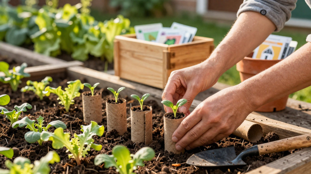 Mãos plantando mudas em tubos de papel reciclado em canteiro de horta urbana com folhas verdes.