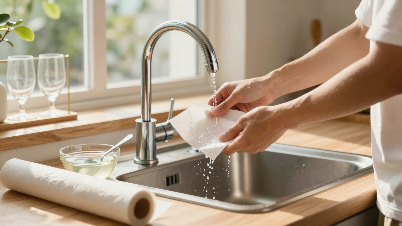 Pessoa lavando sachê de plástico transparente na pia de cozinha moderna com torneira de metal cromado.