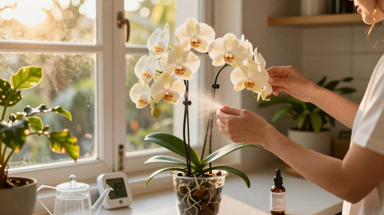 Pessoa cuidando de orquídeas brancas perto da janela com regador e umidificador em ambiente interno.
