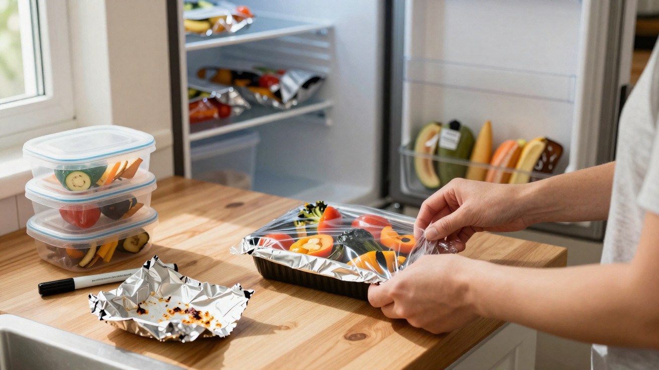 Pessoa embalando alimentos coloridos em recipiente plástico na cozinha, com potes empilhados ao lado.