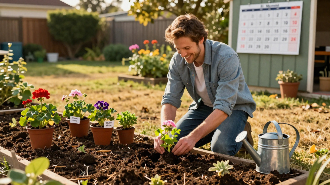 Homem sorridente plantando flores em canteiro com regador ao lado em jardim ensolarado.
