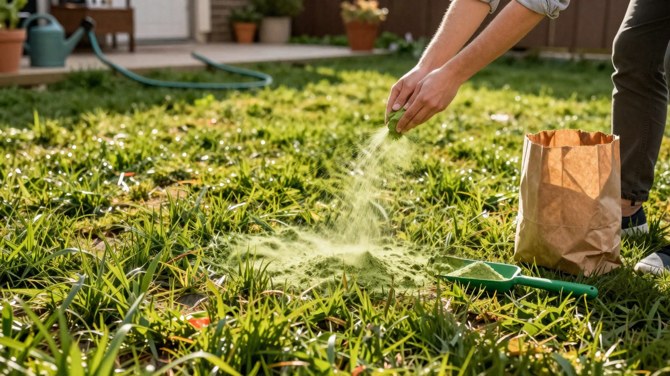Pessoa espalhando fertilizante em pó verde sobre grama em jardim ensolarado com sacola e pá ao lado.