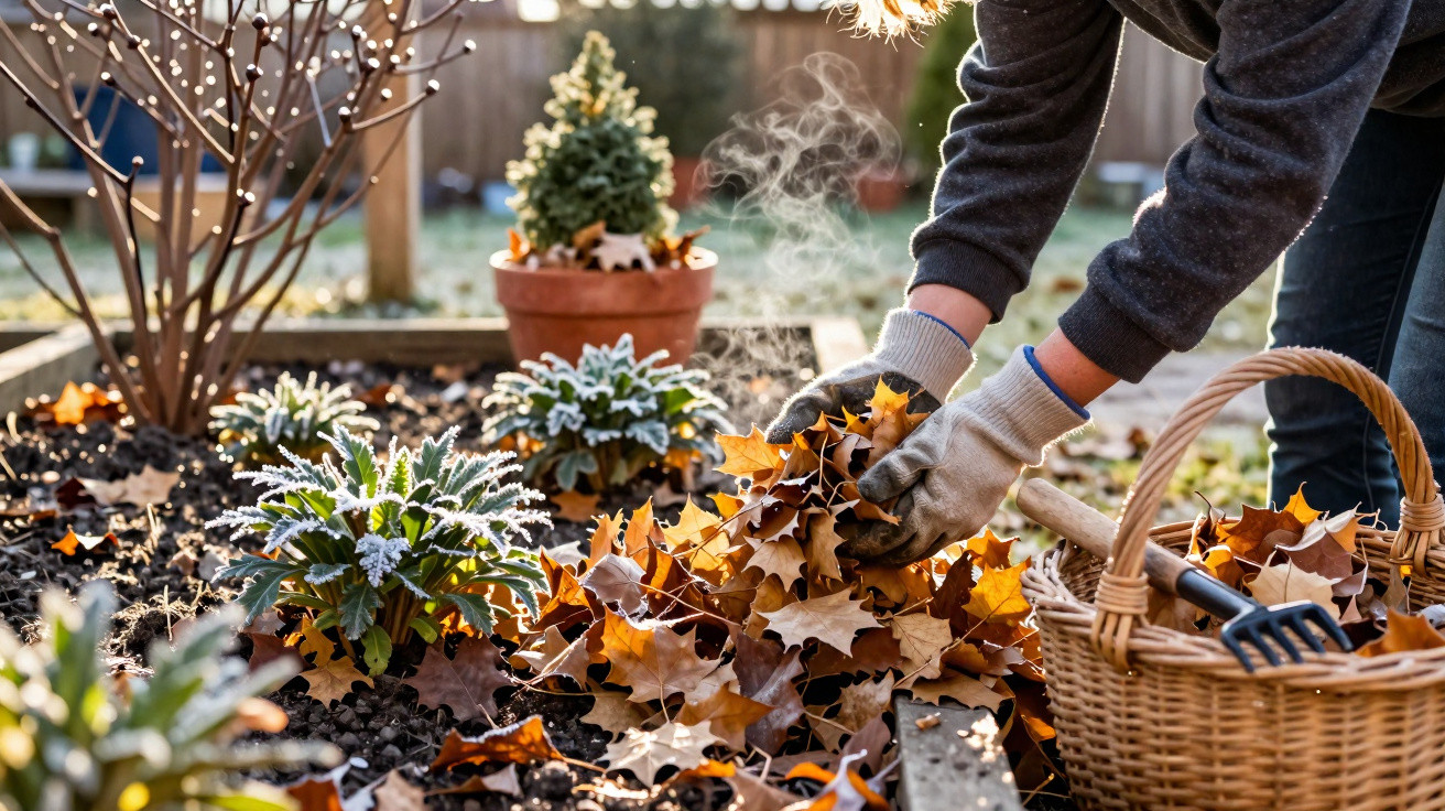 Pessoa com luvas recolhendo folhas secas em jardim com cesta de vime ao lado em dia frio.