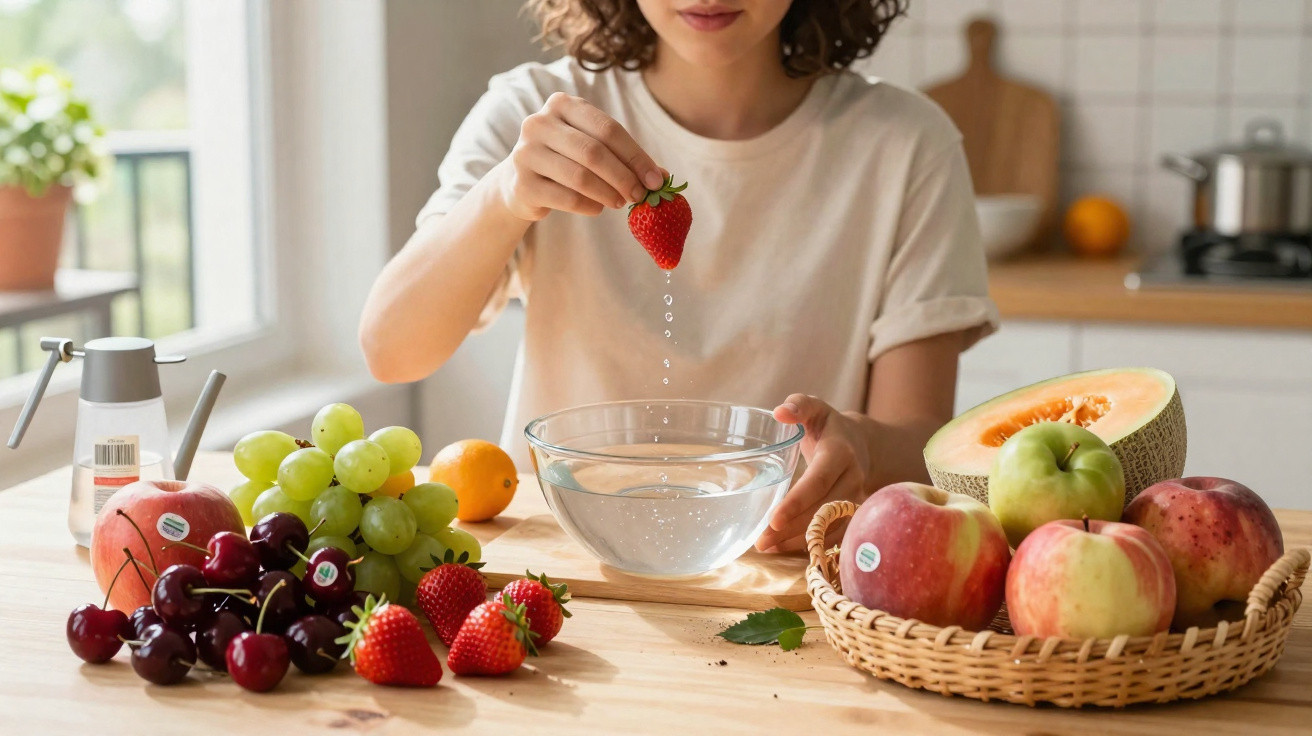 Pessoa segurando morango molhado sobre tigela de água, com diversas frutas frescas sobre bancada de cozinha.