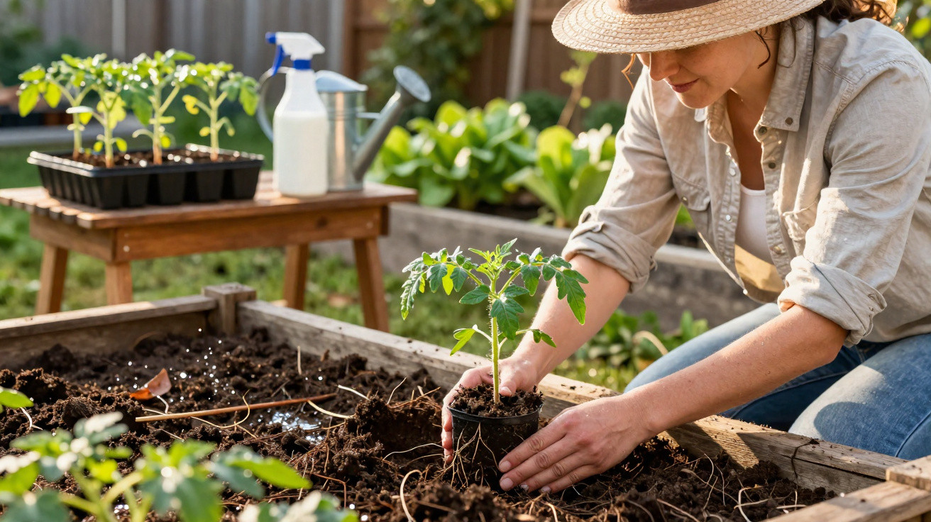 Mulher plantando muda de tomateiro em canteiro de jardim ao ar livre em dia ensolarado.