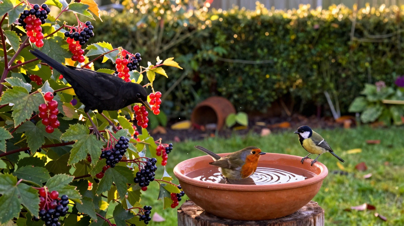 Três pássaros em jardim: um preto no arbusto com frutas vermelhas, um vermelho na água e outro pequeno no prato.
