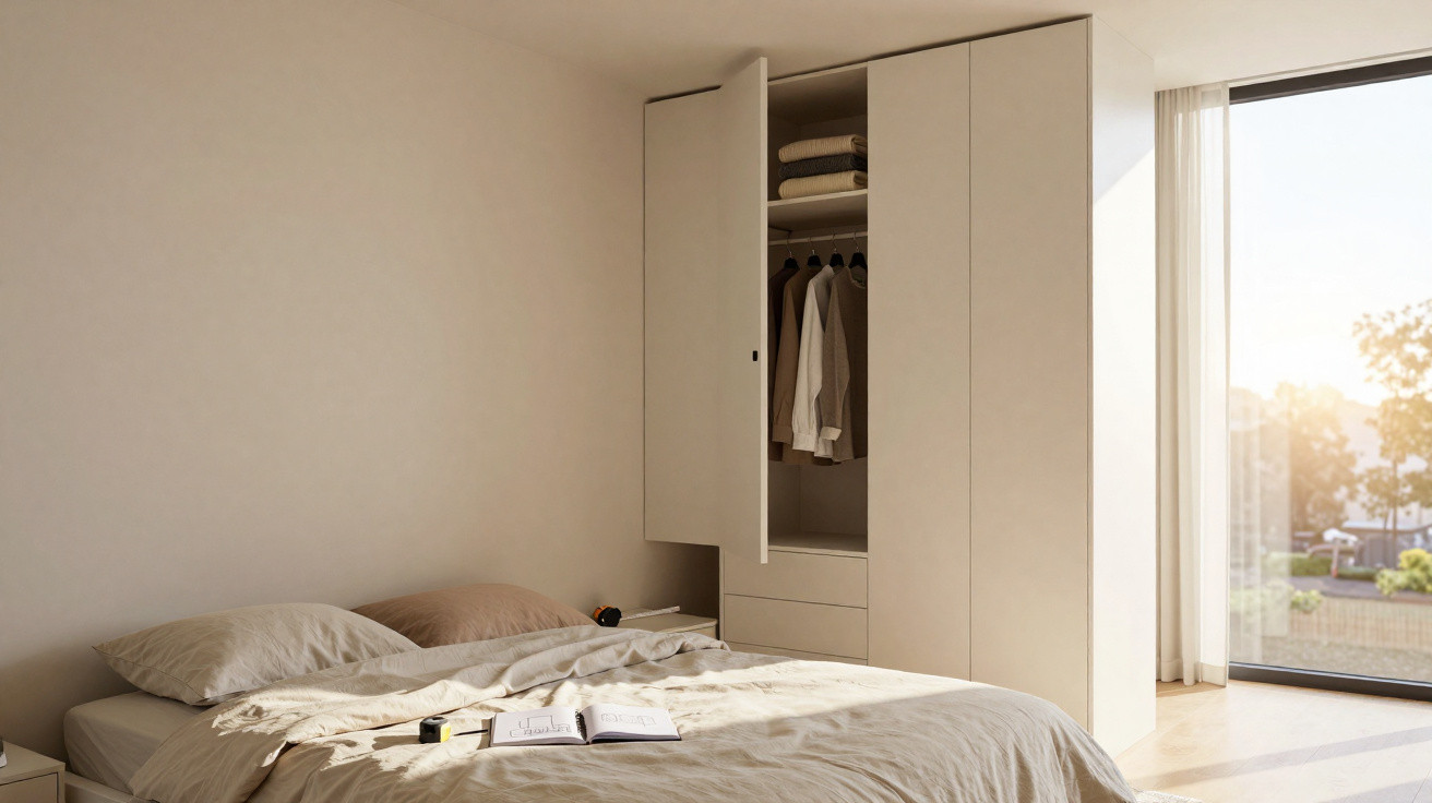 Quarto minimalista com cama de casal, guarda-roupa aberto com roupas e janela grande com luz natural.