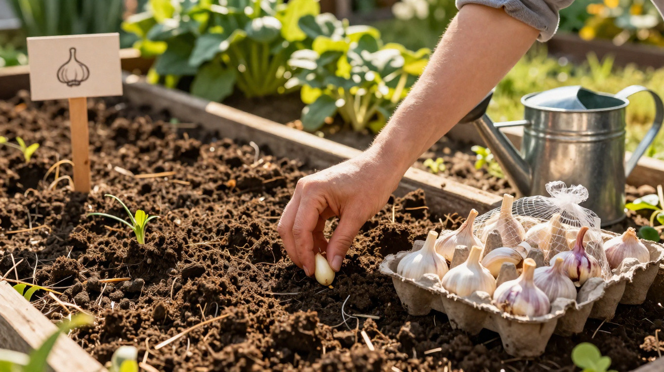 Mão plantando dente de alho em canteiro de terra com regador e alho em embalagem ao lado.
