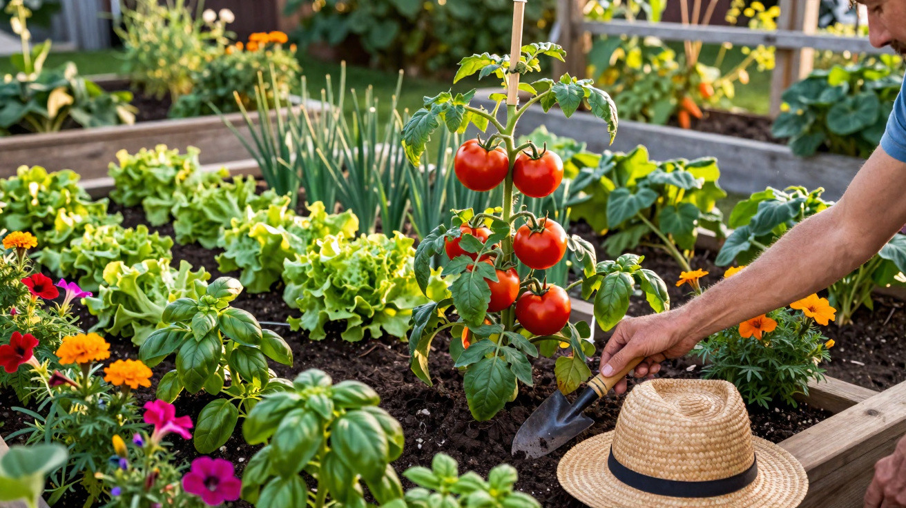 Horta com tomateiras, hortaliças, flores coloridas e mão de pessoa cuidando da terra com pá pequena.