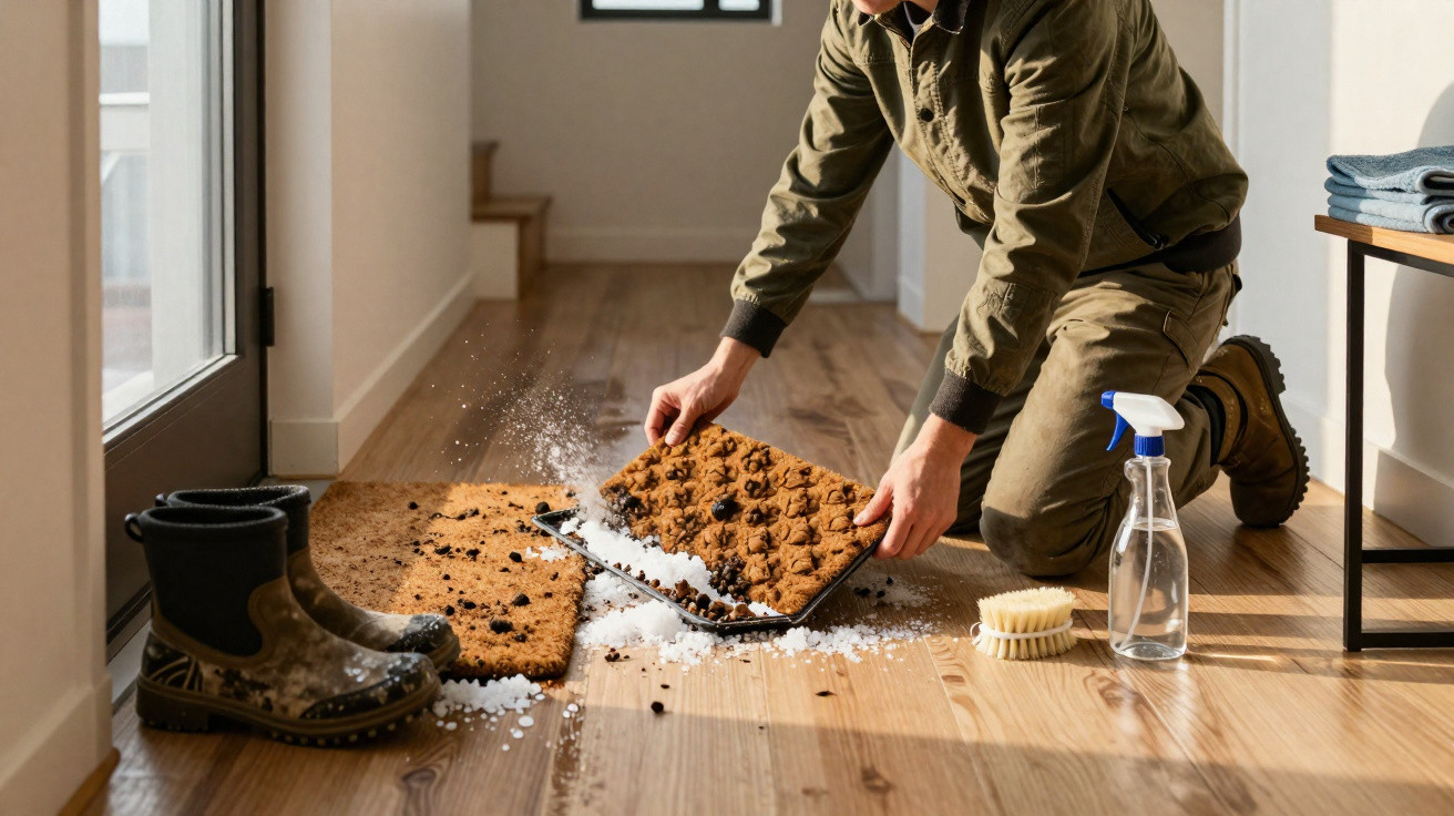 Pessoa limpando capacho sujo com sujeira e grânulos brancos em piso de madeira.