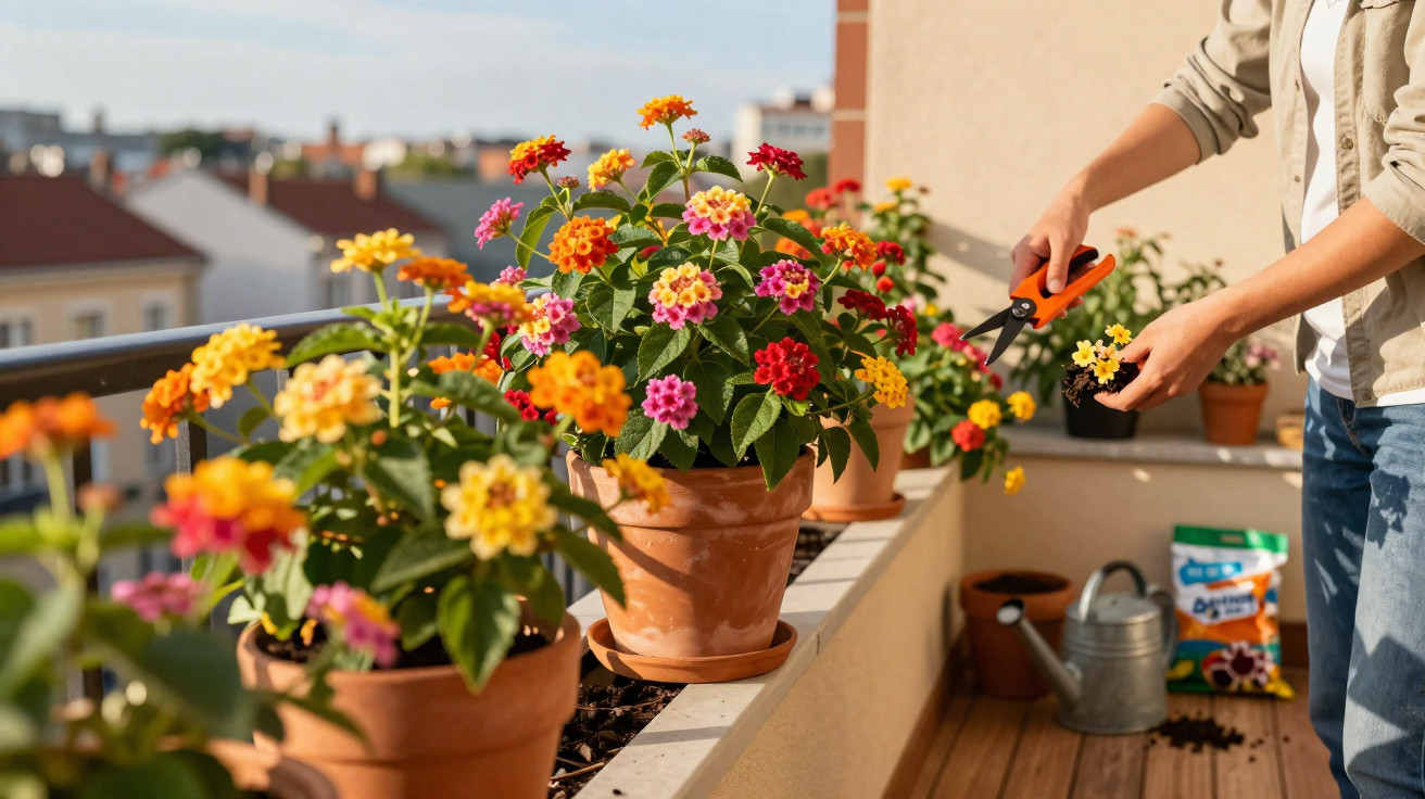 Pessoa podando flores coloridas em vasos de barro em uma varanda ensolarada com cidade ao fundo.