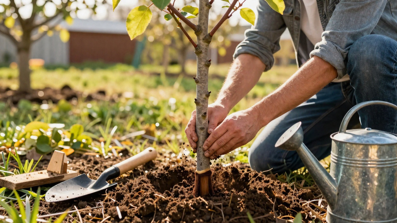 Pessoa plantando muda de árvore em solo de jardim com regador e pá ao lado.