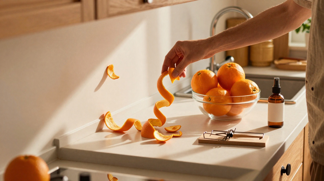 Pessoa descascando uma laranja na cozinha com tigela de laranjas e frasco spray na bancada clara.