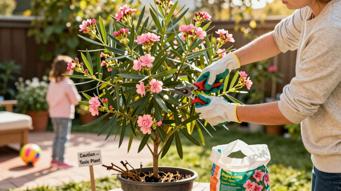 Pessoa podando planta tóxica com flores rosas em vaso no jardim, criança e brinquedo ao fundo.