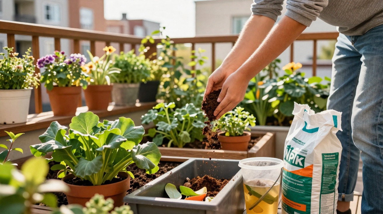 Pessoa preparando solo para plantio em vasos com diversas plantas e flores em área externa ensolarada.
