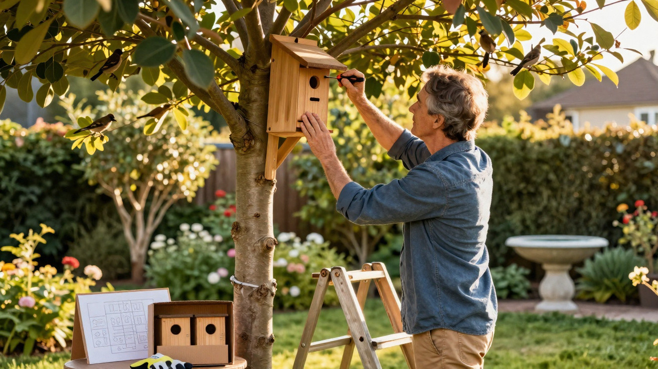 Homem instalando uma casinha de pássaros em uma árvore no jardim durante o dia.