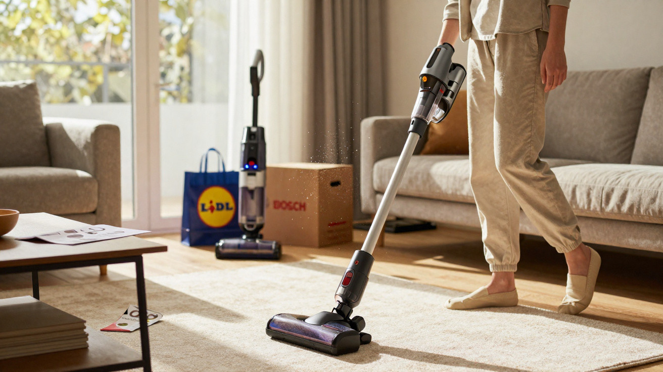 Pessoa limpando tapete em sala de estar com aspirador sem fio, ao fundo aspirador em pé e sacola do Lidl.