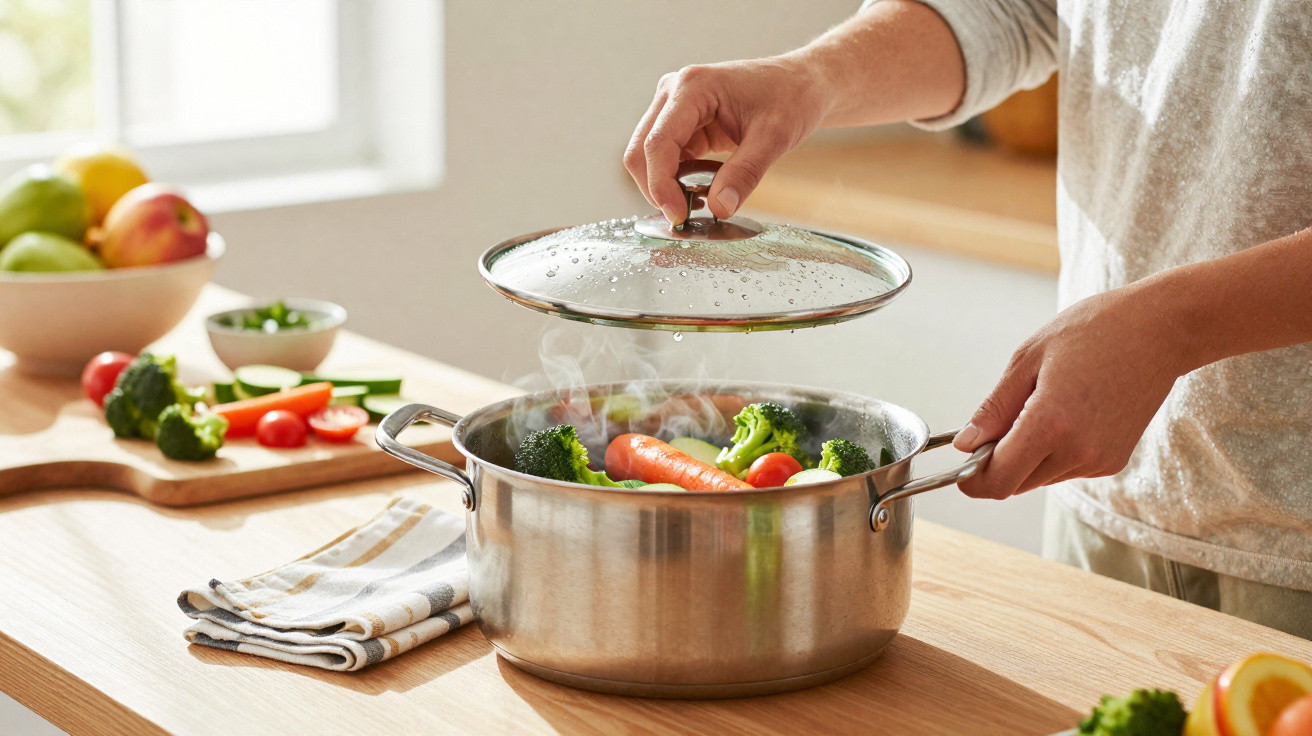 Pessoa tampando panela com legumes cozinhando em cozinha iluminada com frutas ao fundo