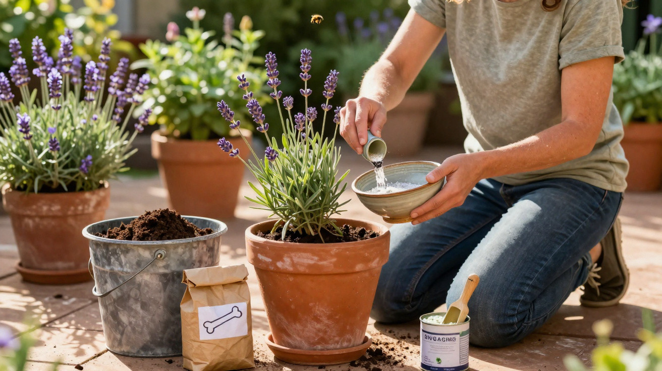 Pessoa adiciona pó branco em vaso de plantas de lavanda em jardim com ferramentas e vasos ao redor.