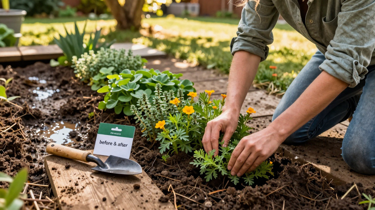 Pessoa plantando flores amarelas em um jardim com pá de jardinagem ao lado sobre a terra.
