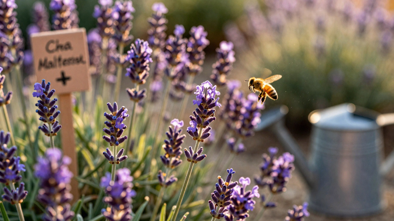 Abelha voando sobre flores roxas de lavanda com regador metálico ao fundo em jardim ensolarado.