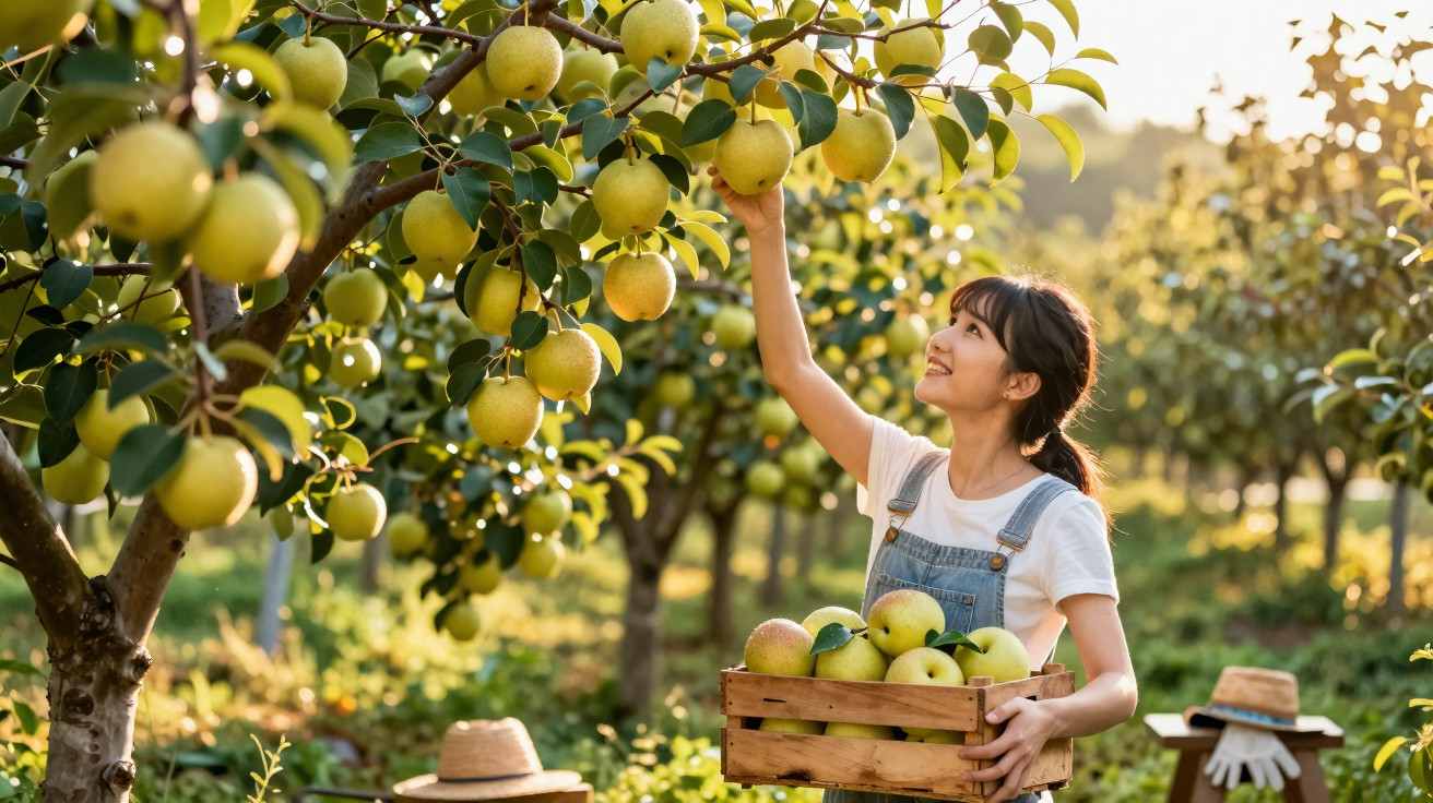 Mulher colhendo peras em pomar com caixa de frutas ao entardecer.