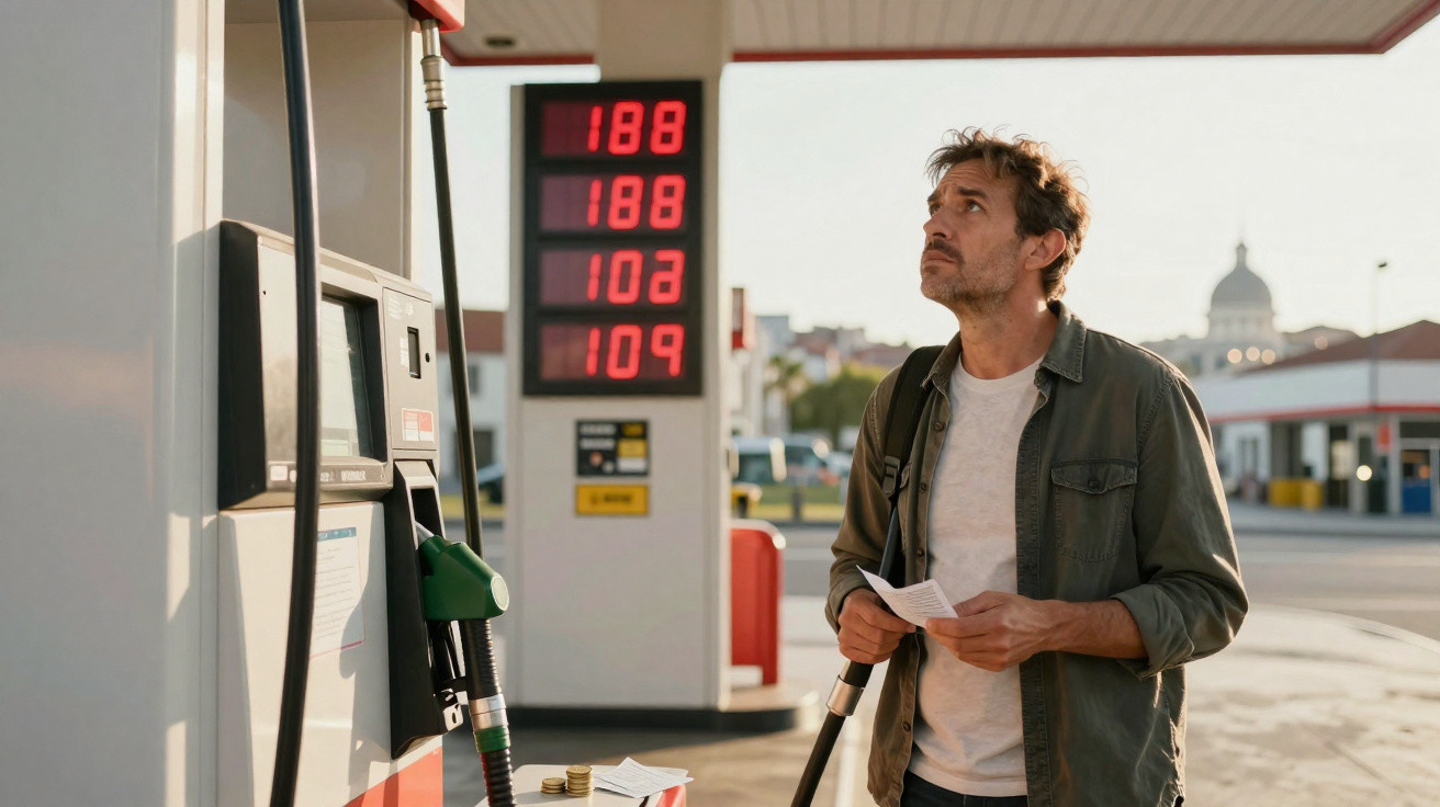 Homem em posto de gasolina olhando para os preços do combustível ao pôr do sol.
